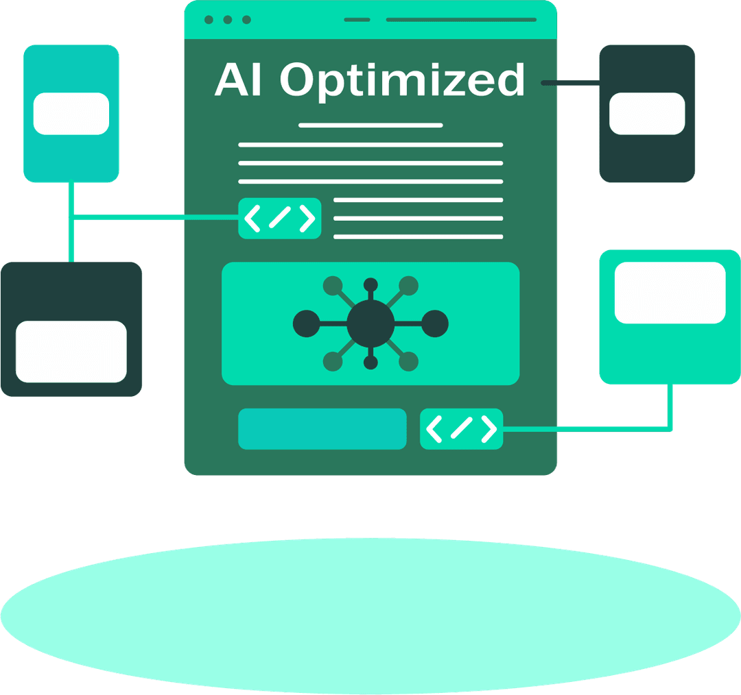 AI-optimized landscrapers directory interface illustration showing a central web layout connected to modular content blocks, representing structured schema markup, code integration, and intelligent data flow for enhanced profile performance.