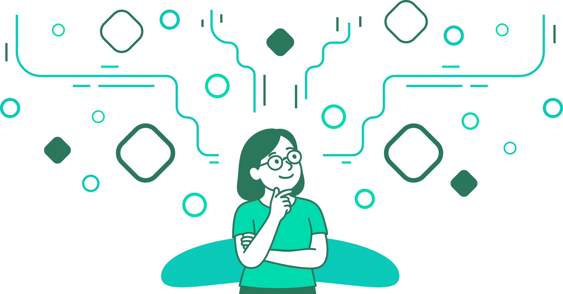 Illustration of a thoughtful woman surrounded by abstract decision-making paths and data nodes, representing Chooz Landscapers' smart search system for finding reliable landscaping professionals